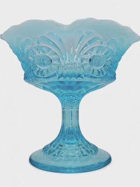 Fenton Eye & Scroll Blue Opalescent Compote